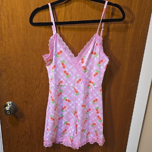 SHEIN Pink and Red Lace Trim Cherry Chemise Romper XS - Picture 1 of 2
